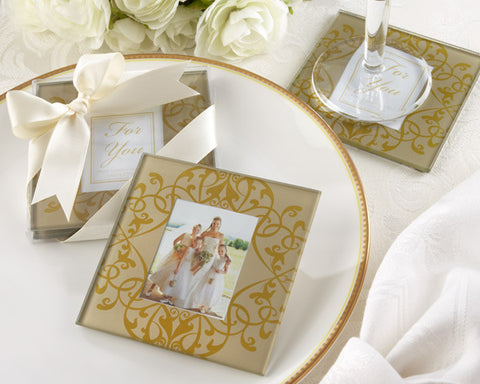Golden Brocade Glass photo Coasters for Guests